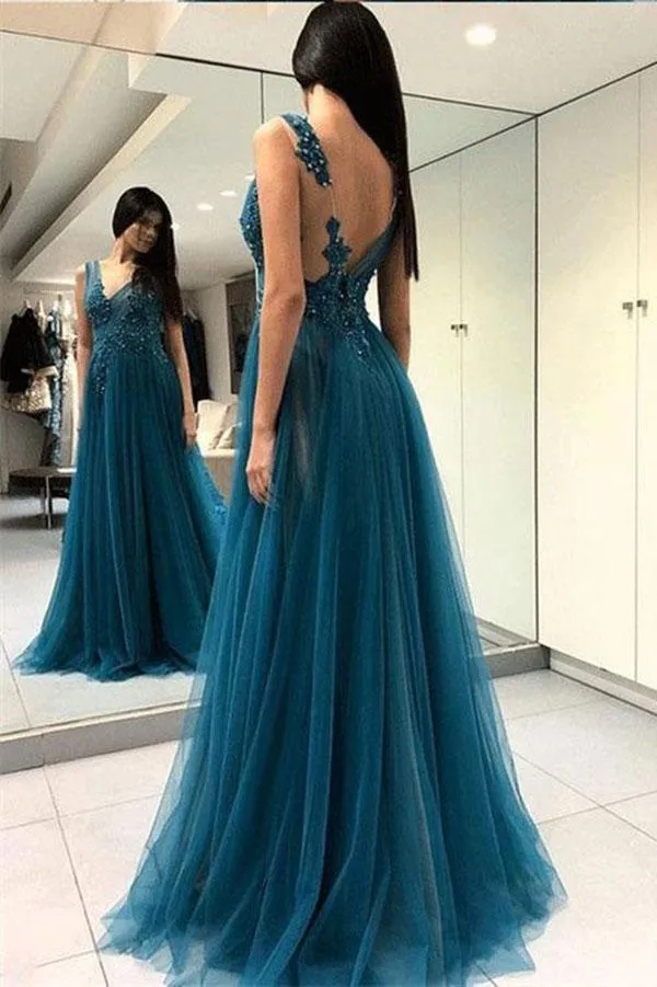 A Line Green V Neck Tulle Open Back Lace Beads Sleeveless Evening Prom Dresses JS769