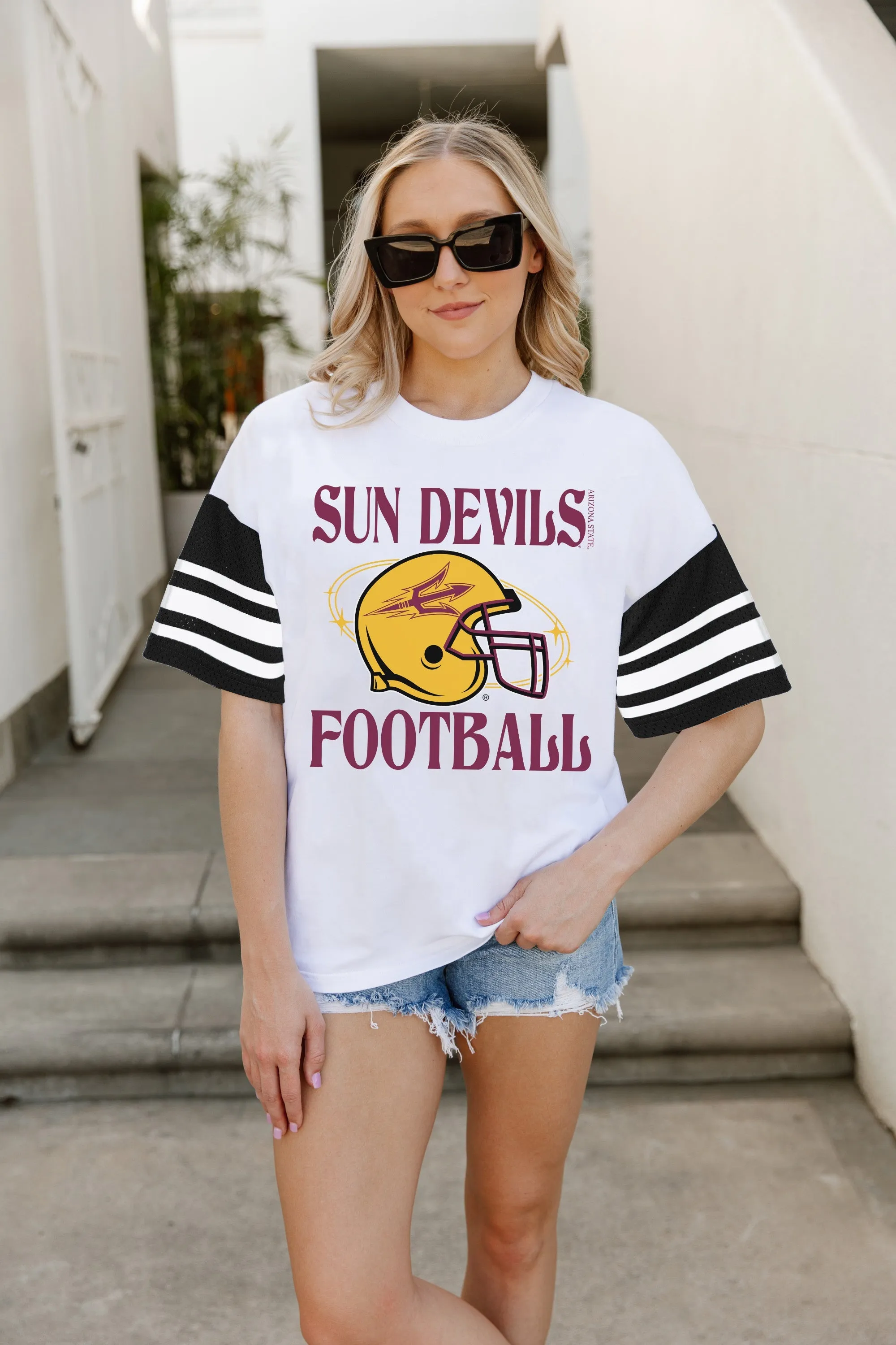 ARIZONA STATE SUN DEVILS STARTING LINEUP VINTAGE LOOK SHORT SLEEVE SPORTS STRIPE RAGLAN TEE
