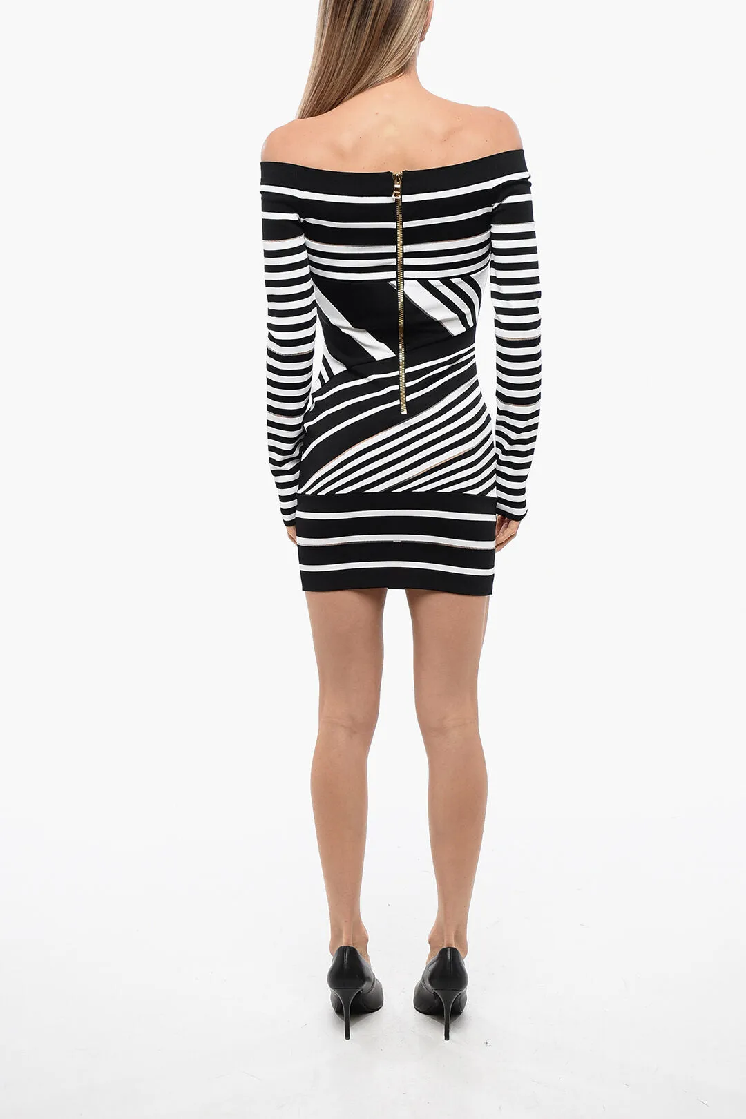 Balmain Knitted Off-Shoulder Sheath Dress with Striped Motif