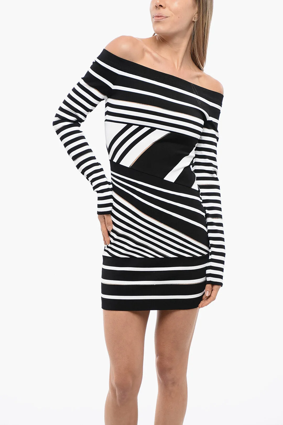 Balmain Knitted Off-Shoulder Sheath Dress with Striped Motif
