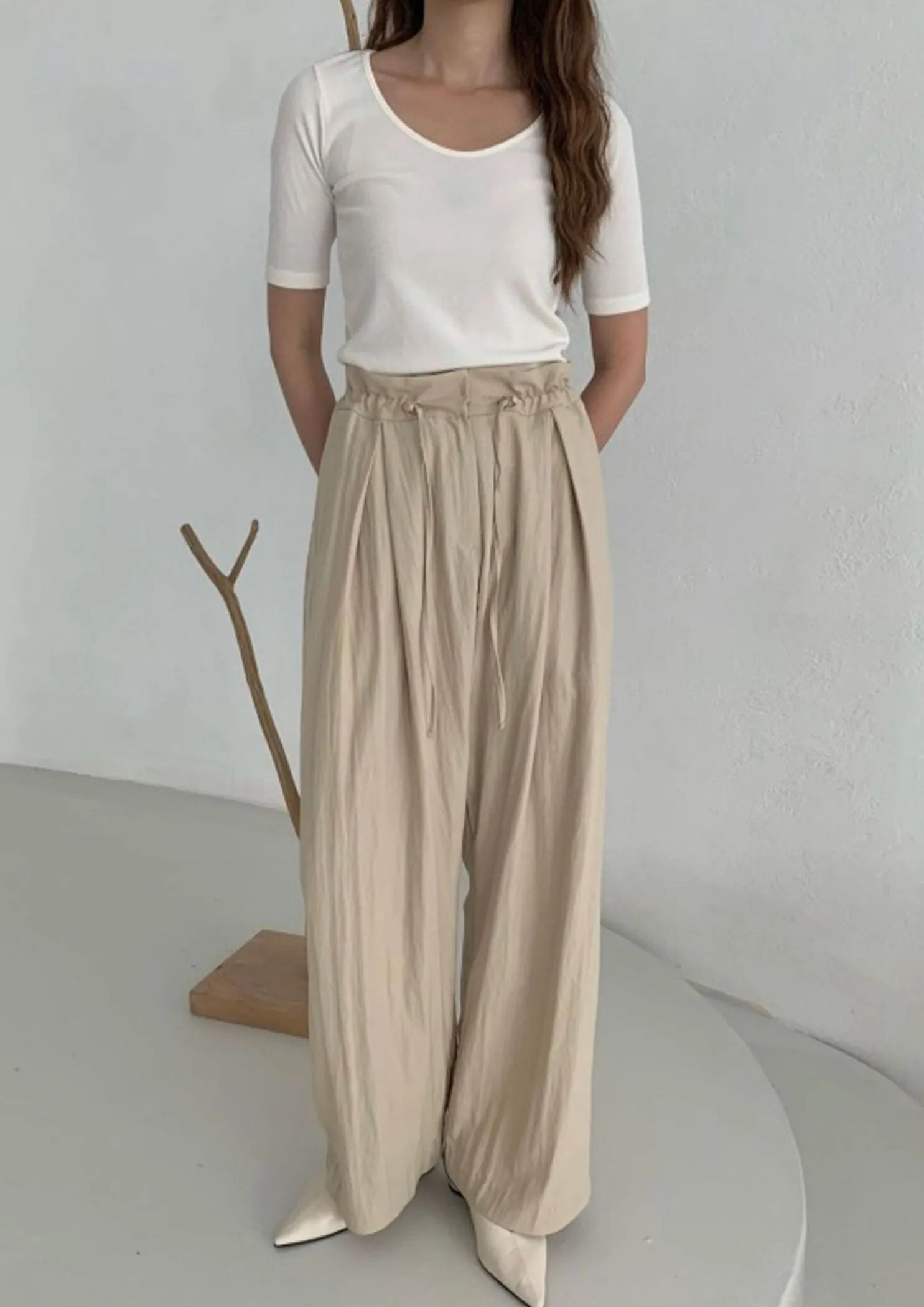 Beige Drawstring High Waist Pants
