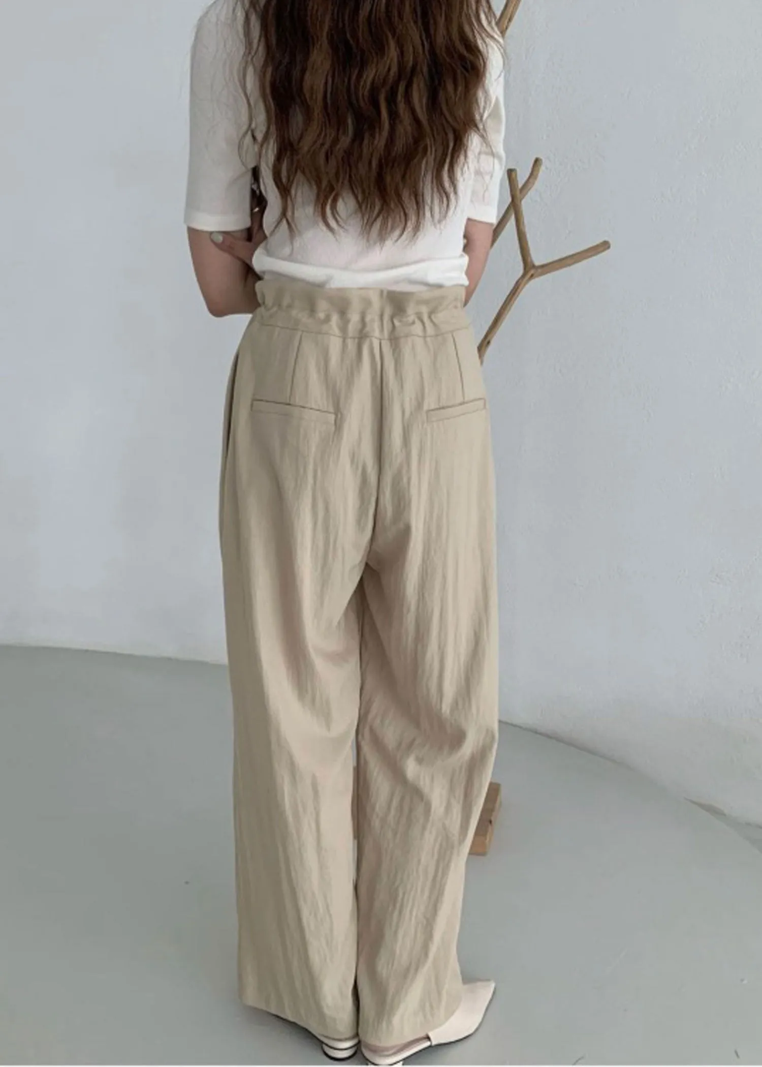 Beige Drawstring High Waist Pants