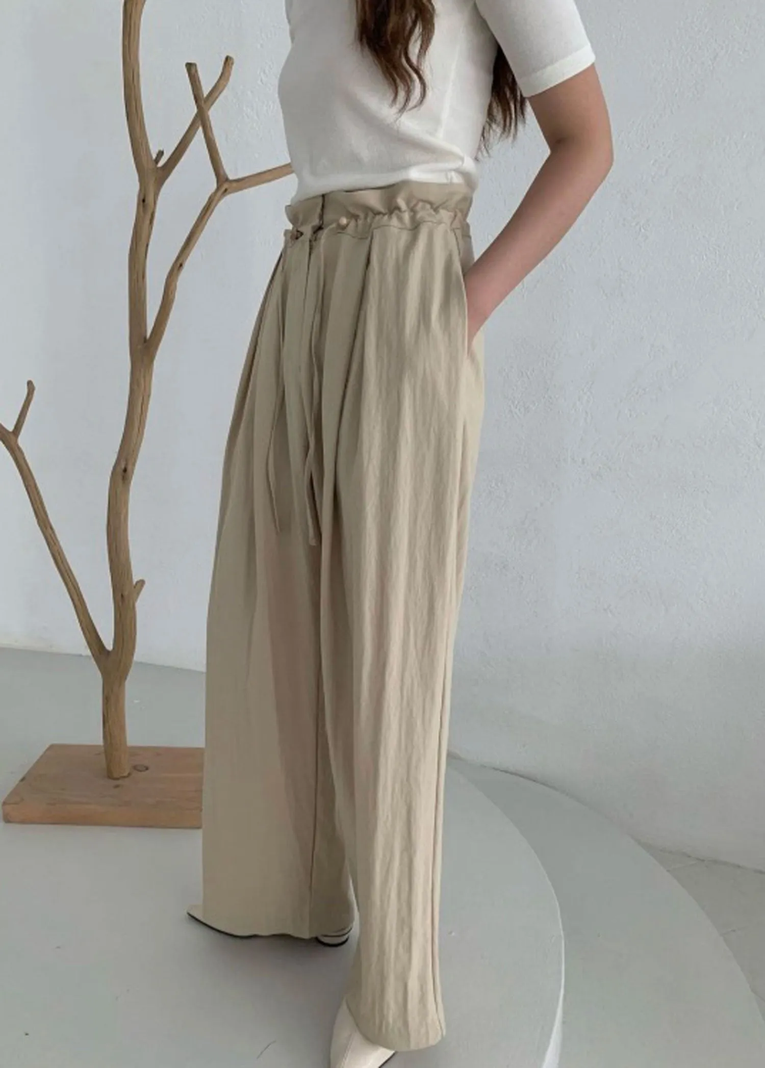 Beige Drawstring High Waist Pants
