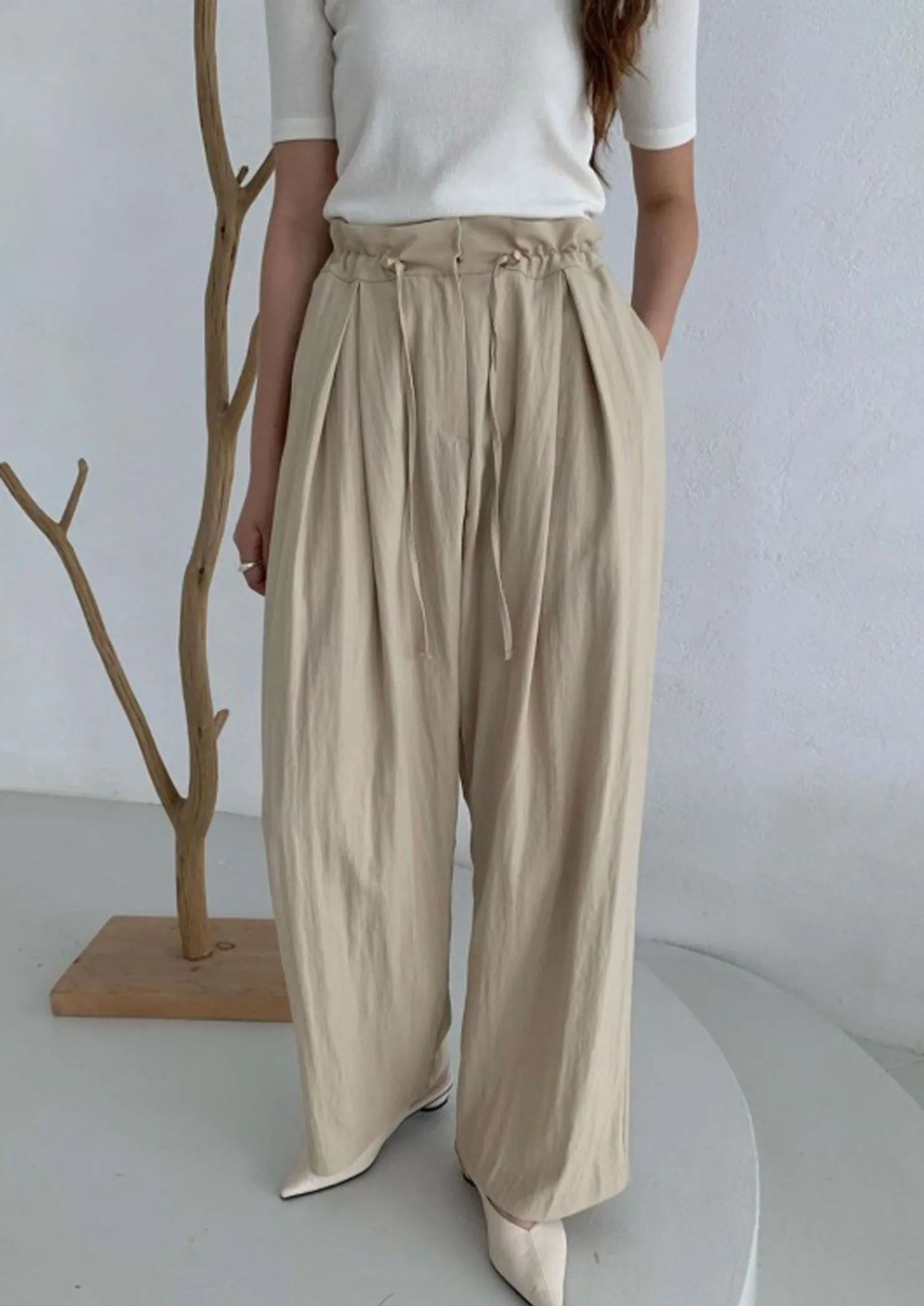 Beige Drawstring High Waist Pants