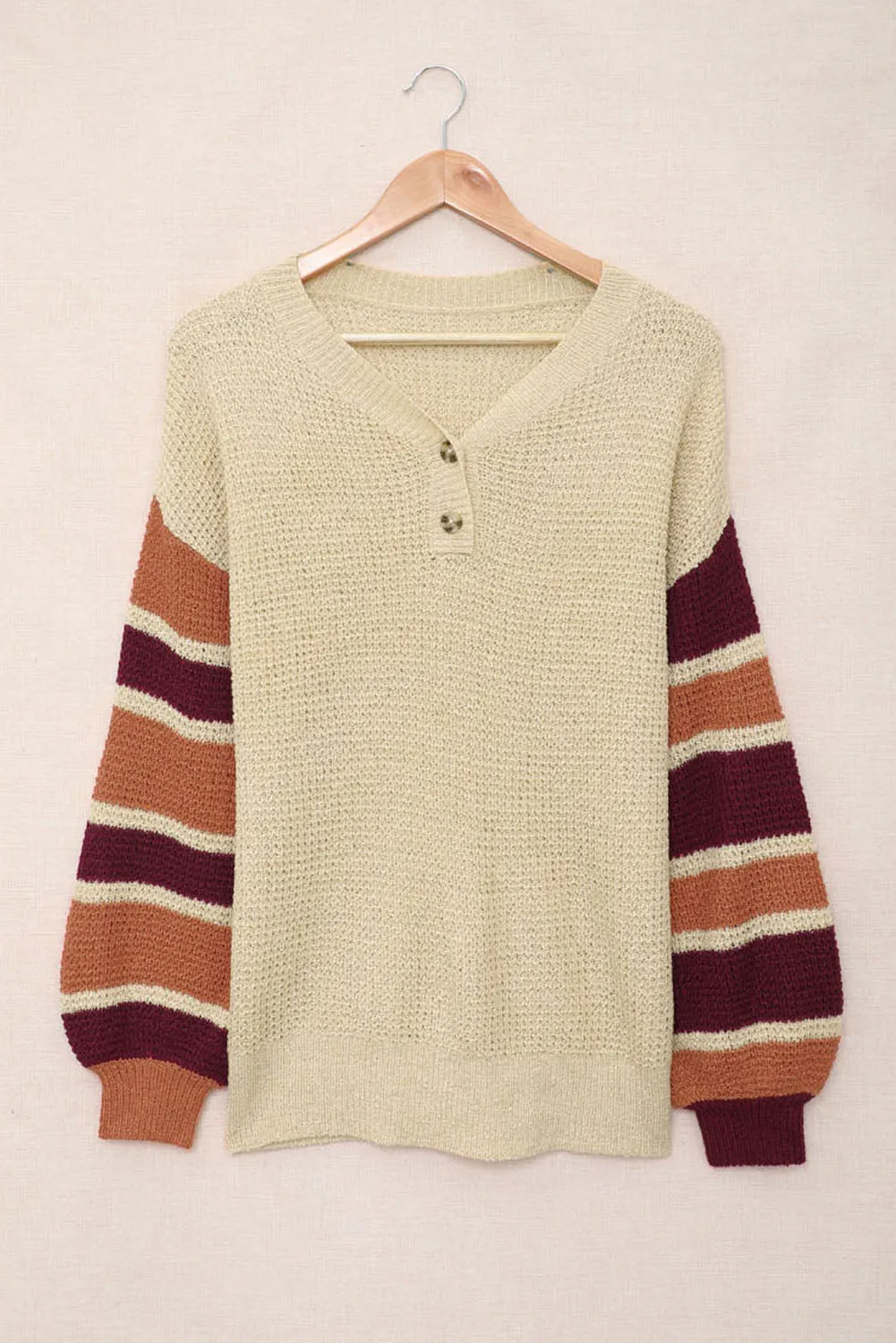 Beige Striped Drop Shoulder Winter Sweater