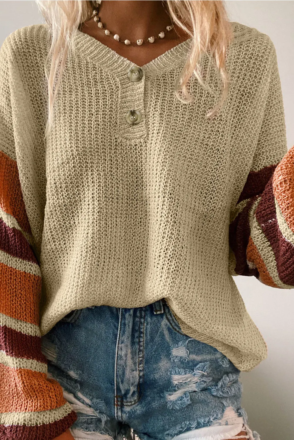 Beige Striped Drop Shoulder Winter Sweater