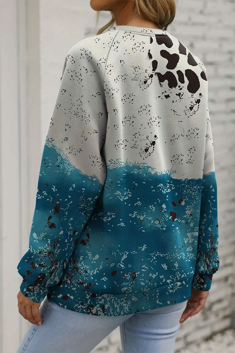 Blue tie dye cow print sweatshirt