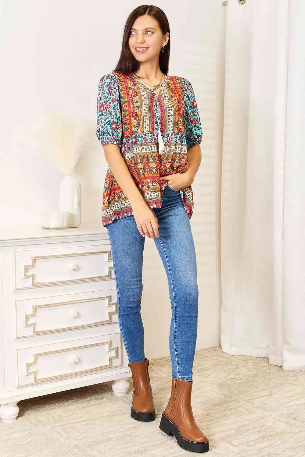 Bohemian Breeze Tassel Tie Puff Sleeve Babydoll Blouse