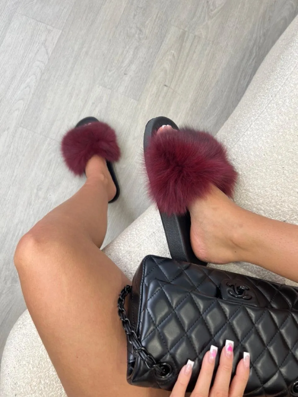 Burgundy Luxury Fur Sliders