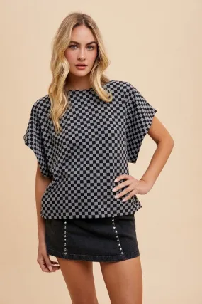 Checkered Round Neck Short Sleeve Top in Black