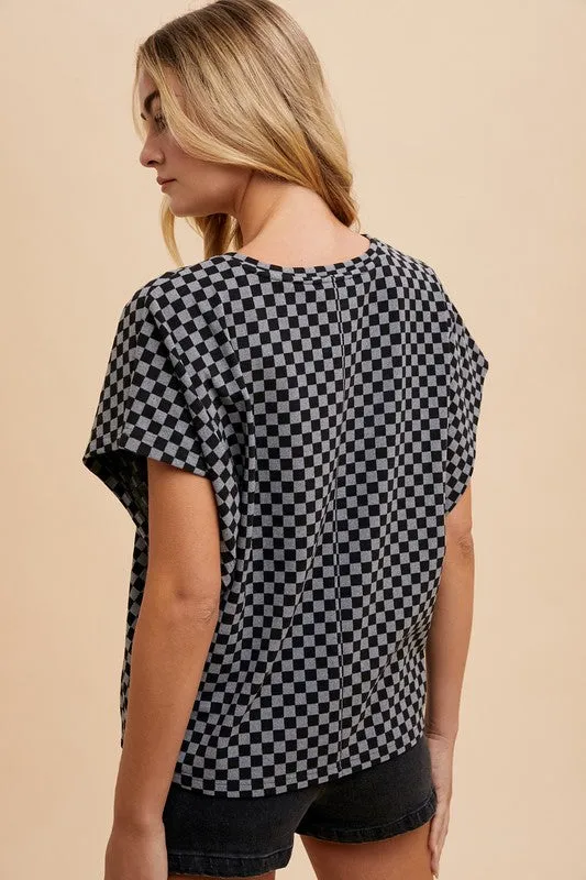 Checkered Round Neck Short Sleeve Top in Black