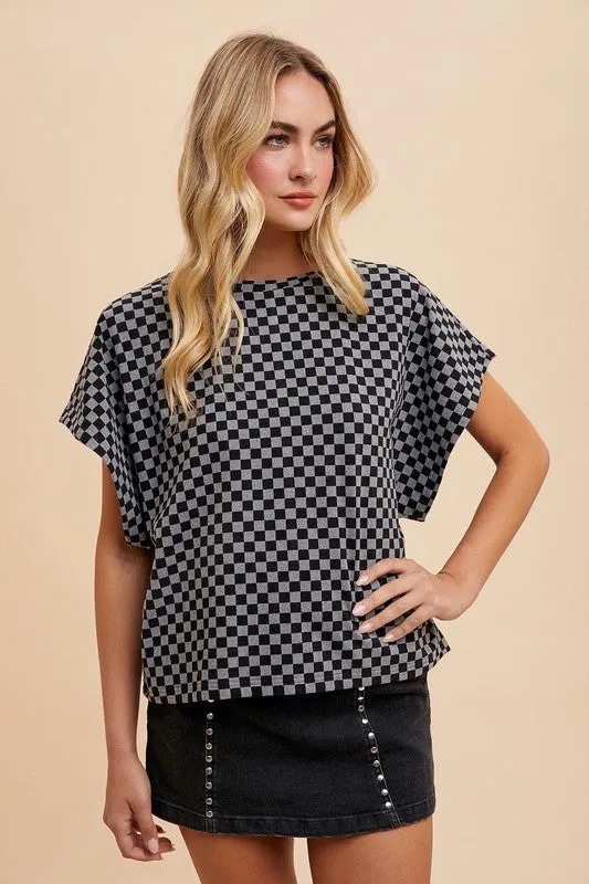 Checkered Round Neck Short Sleeve Top in Black
