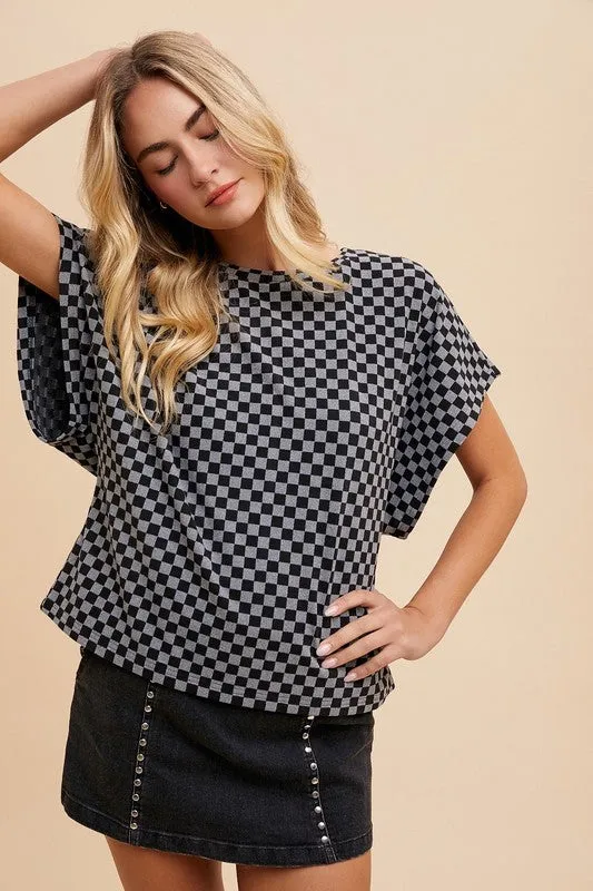 Checkered Round Neck Short Sleeve Top in Black