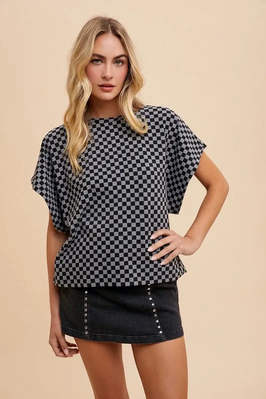Checkered Round Neck Short Sleeve Top in Black