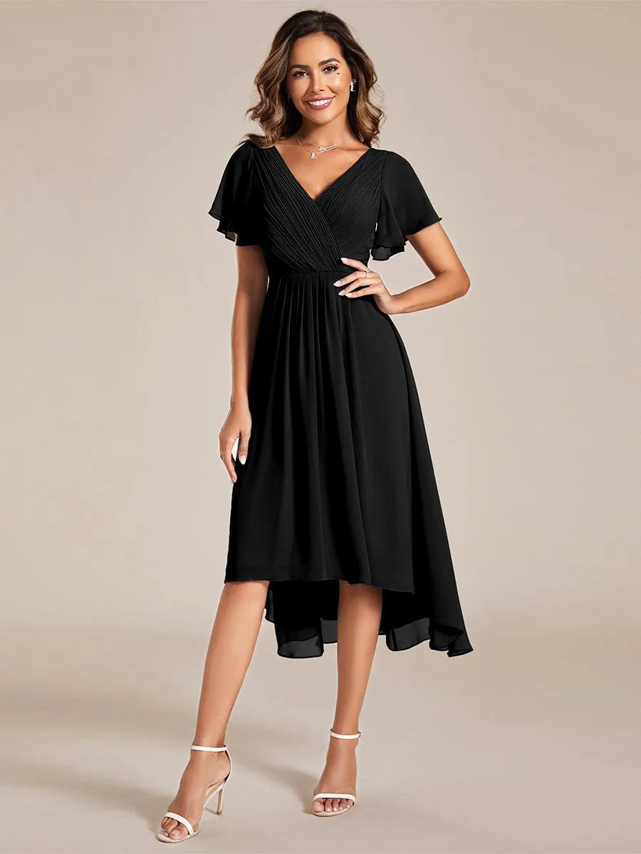 Chic V Neck Asymmetrical Hem Ruffles Sleeve Pleated Chiffon Wedding Guest Dress