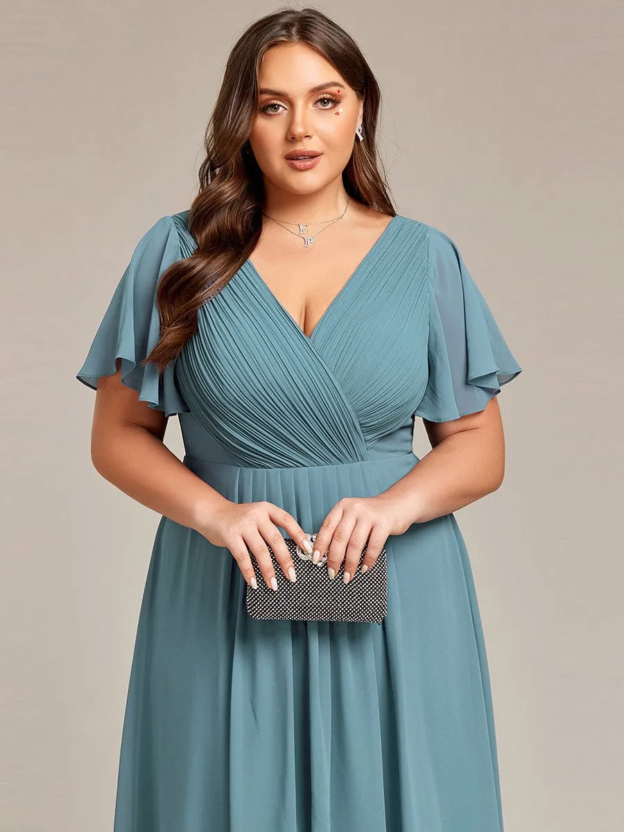 Chic V Neck Asymmetrical Hem Ruffles Sleeve Pleated Chiffon Wedding Guest Dress