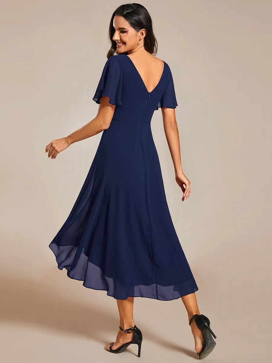 Chic V Neck Asymmetrical Hem Ruffles Sleeve Pleated Chiffon Wedding Guest Dress