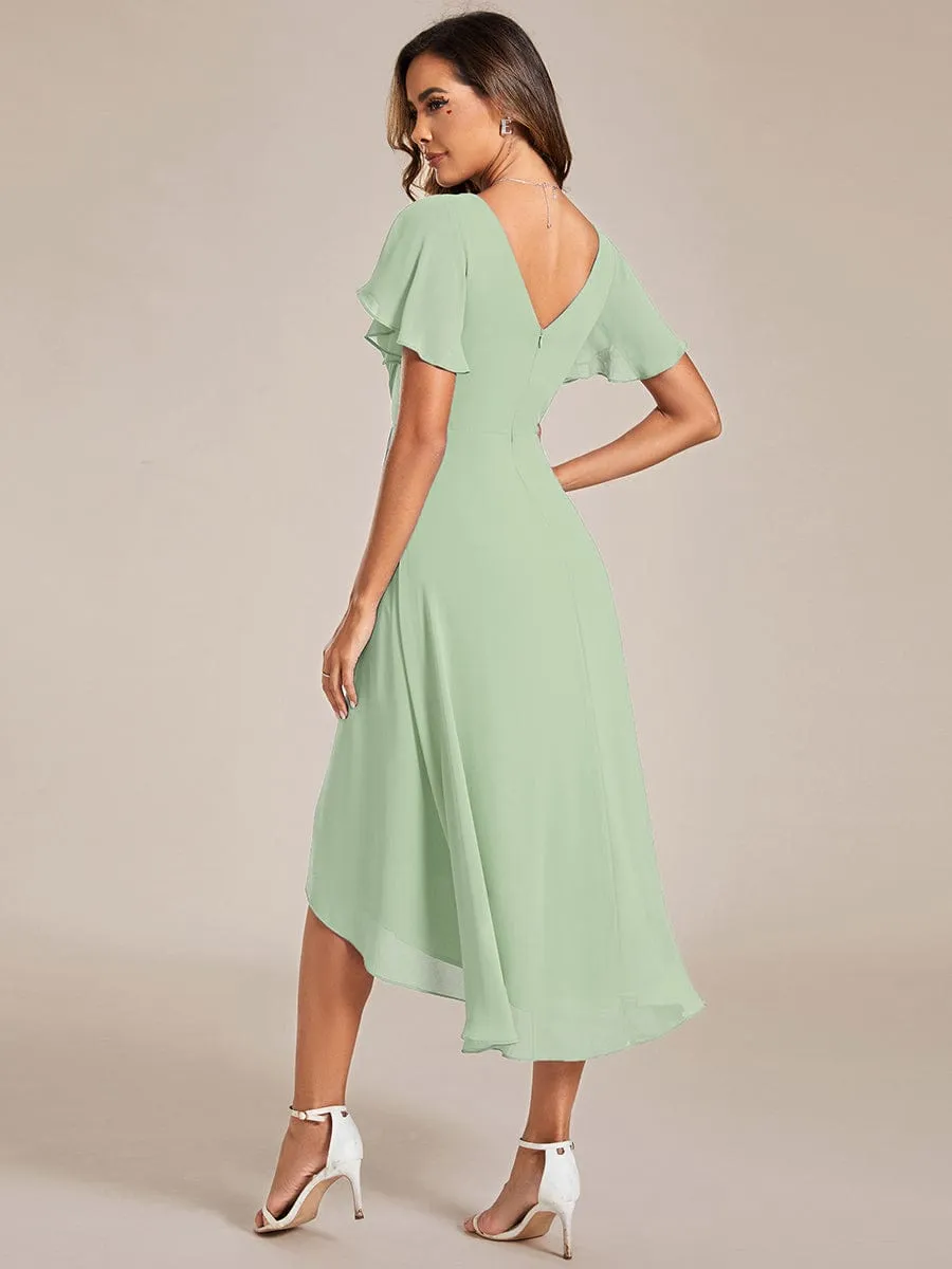 Chic V Neck Asymmetrical Hem Ruffles Sleeve Pleated Chiffon Wedding Guest Dress