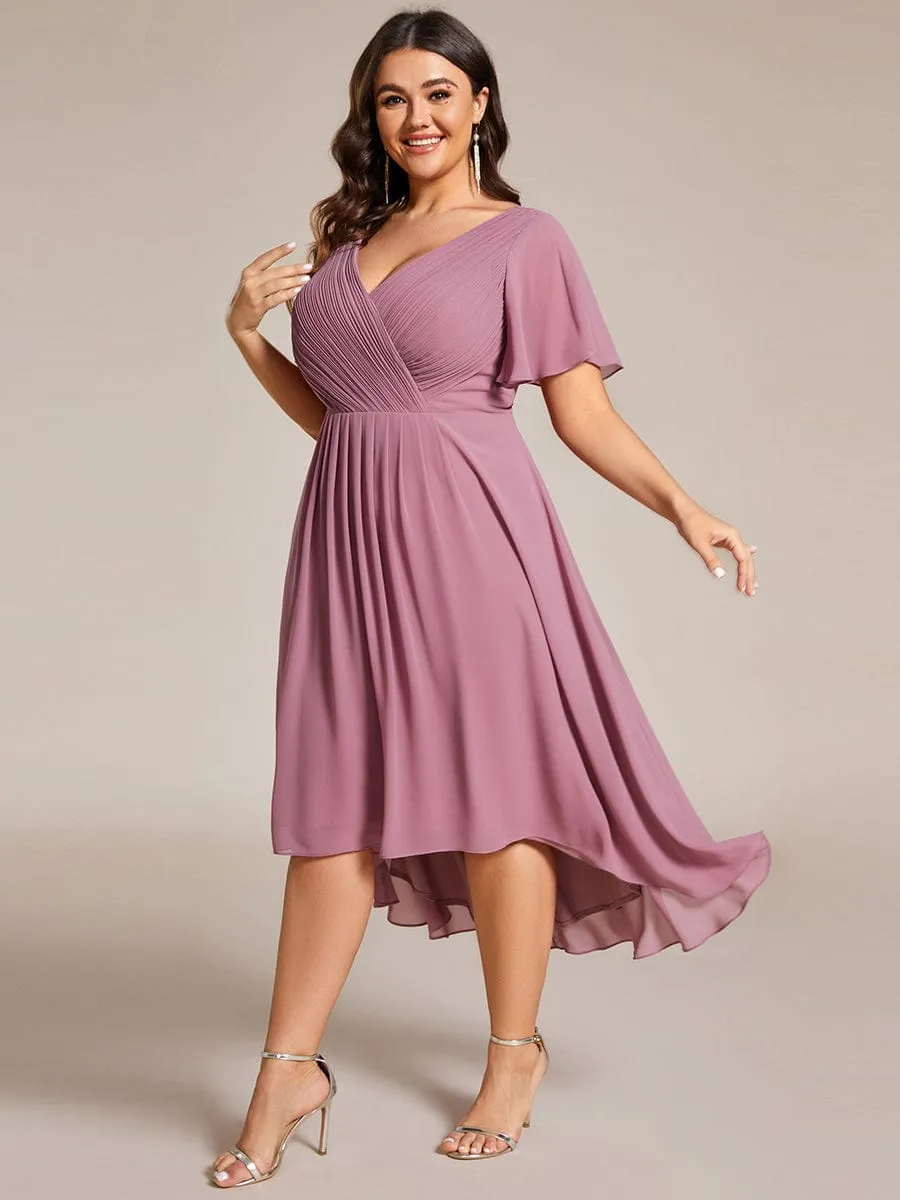 Chic V Neck Asymmetrical Hem Ruffles Sleeve Pleated Chiffon Wedding Guest Dress