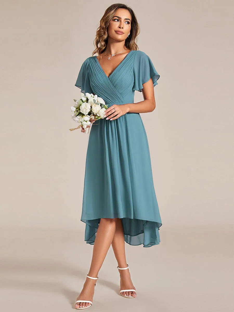 Chic V Neck Asymmetrical Hem Ruffles Sleeve Pleated Chiffon Wedding Guest Dress