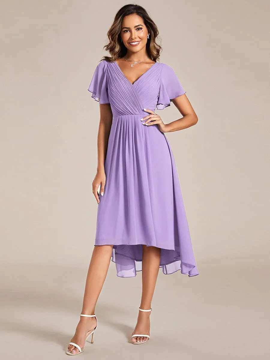 Chic V Neck Asymmetrical Hem Ruffles Sleeve Pleated Chiffon Wedding Guest Dress