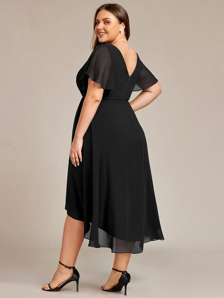 Chic V Neck Asymmetrical Hem Ruffles Sleeve Pleated Chiffon Wedding Guest Dress
