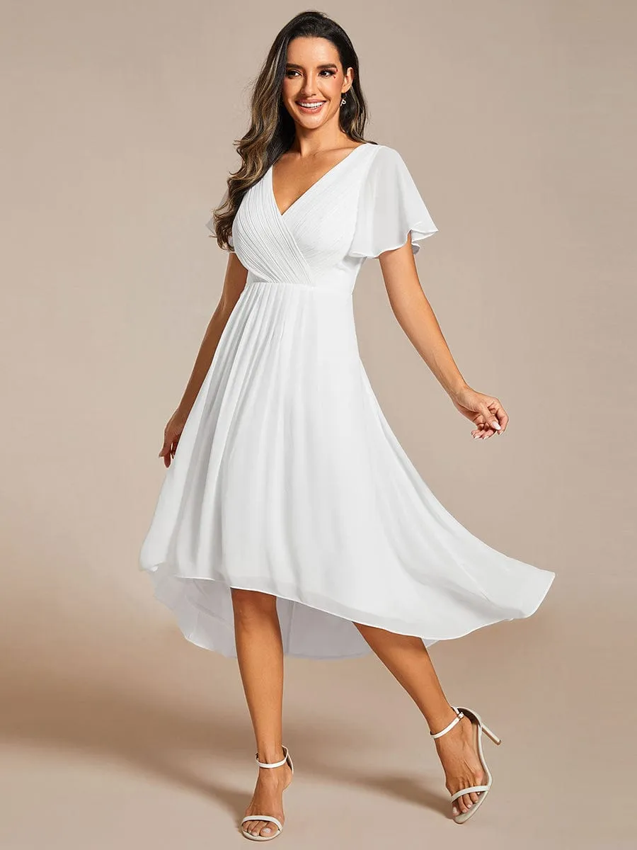Chic V Neck Asymmetrical Hem Ruffles Sleeve Pleated Chiffon Wedding Guest Dress
