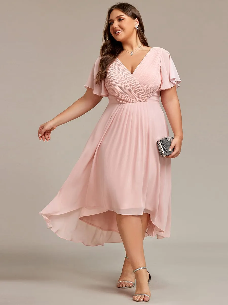 Chic V Neck Asymmetrical Hem Ruffles Sleeve Pleated Chiffon Wedding Guest Dress