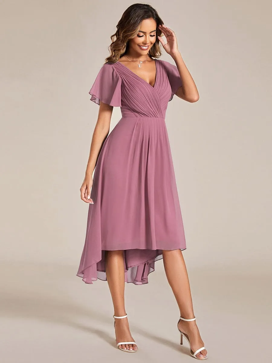 Chic V Neck Asymmetrical Hem Ruffles Sleeve Pleated Chiffon Wedding Guest Dress