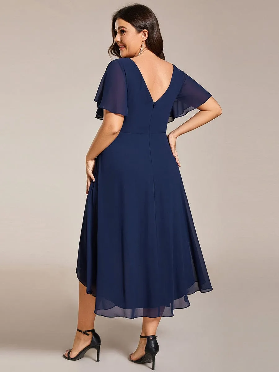 Chic V Neck Asymmetrical Hem Ruffles Sleeve Pleated Chiffon Wedding Guest Dress