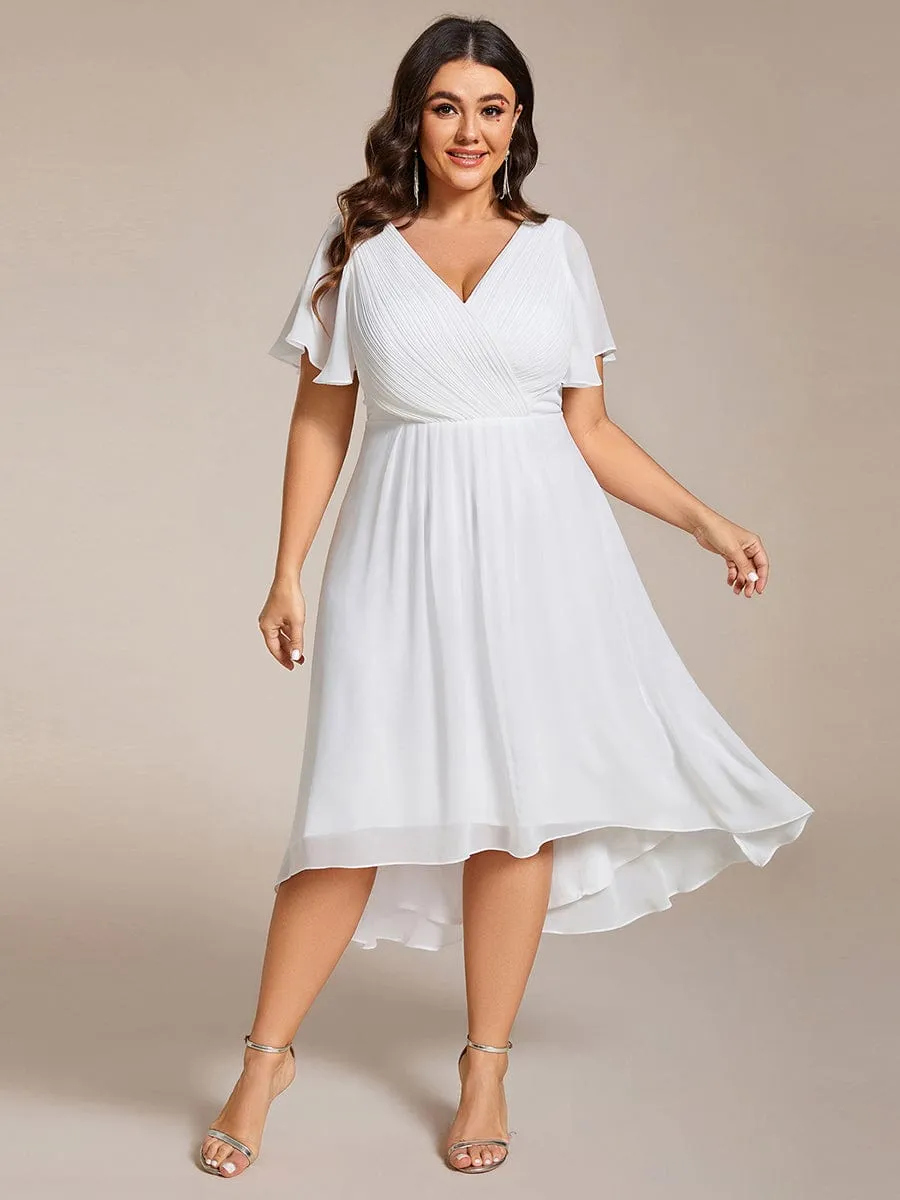 Chic V Neck Asymmetrical Hem Ruffles Sleeve Pleated Chiffon Wedding Guest Dress