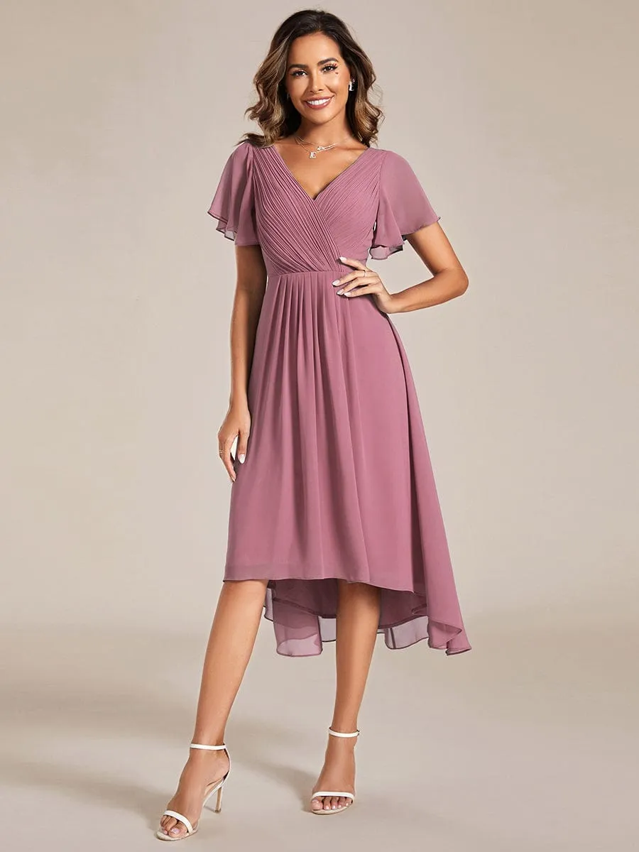 Chic V Neck Asymmetrical Hem Ruffles Sleeve Pleated Chiffon Wedding Guest Dress