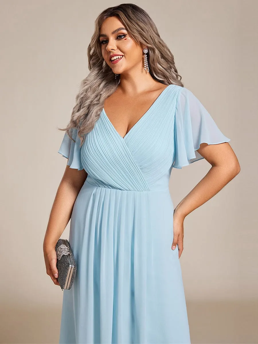 Chic V Neck Asymmetrical Hem Ruffles Sleeve Pleated Chiffon Wedding Guest Dress