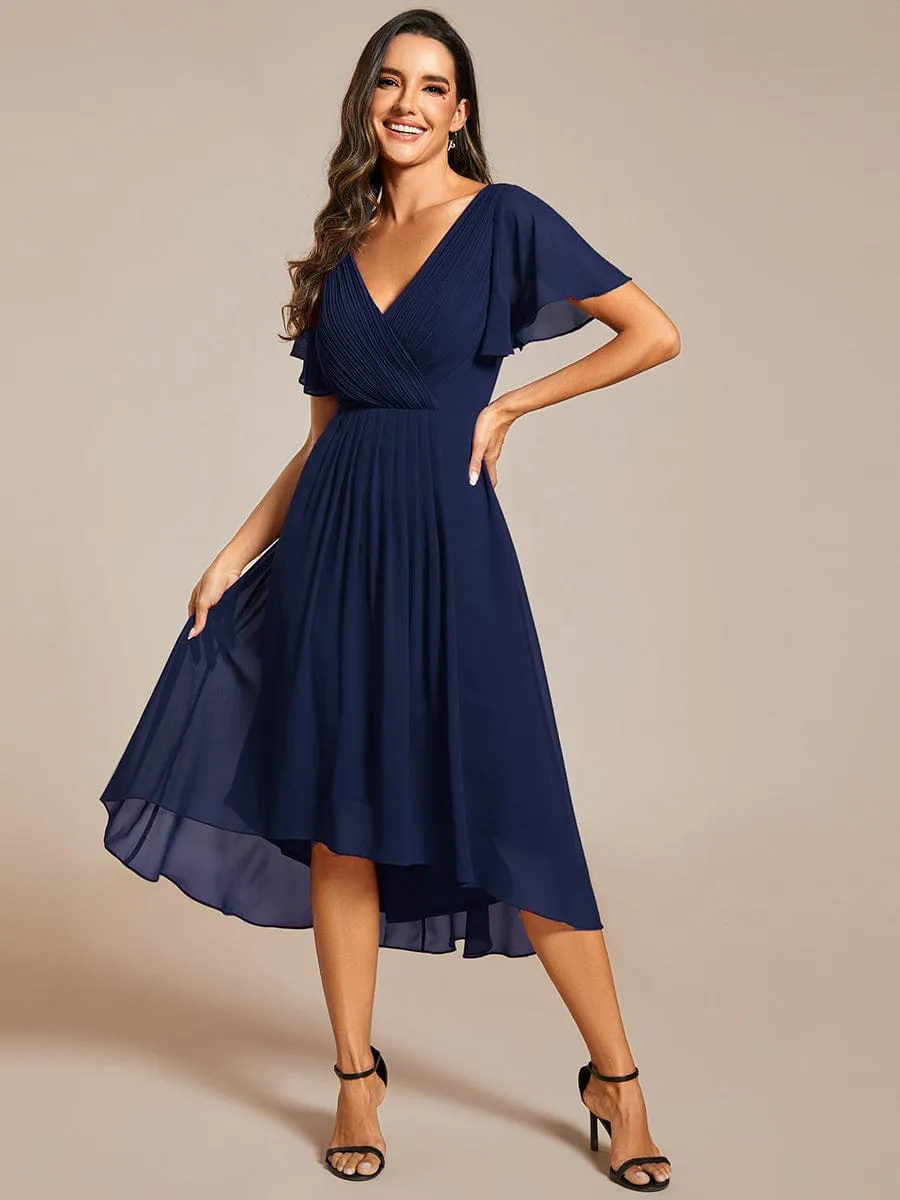 Chic V Neck Asymmetrical Hem Ruffles Sleeve Pleated Chiffon Wedding Guest Dress