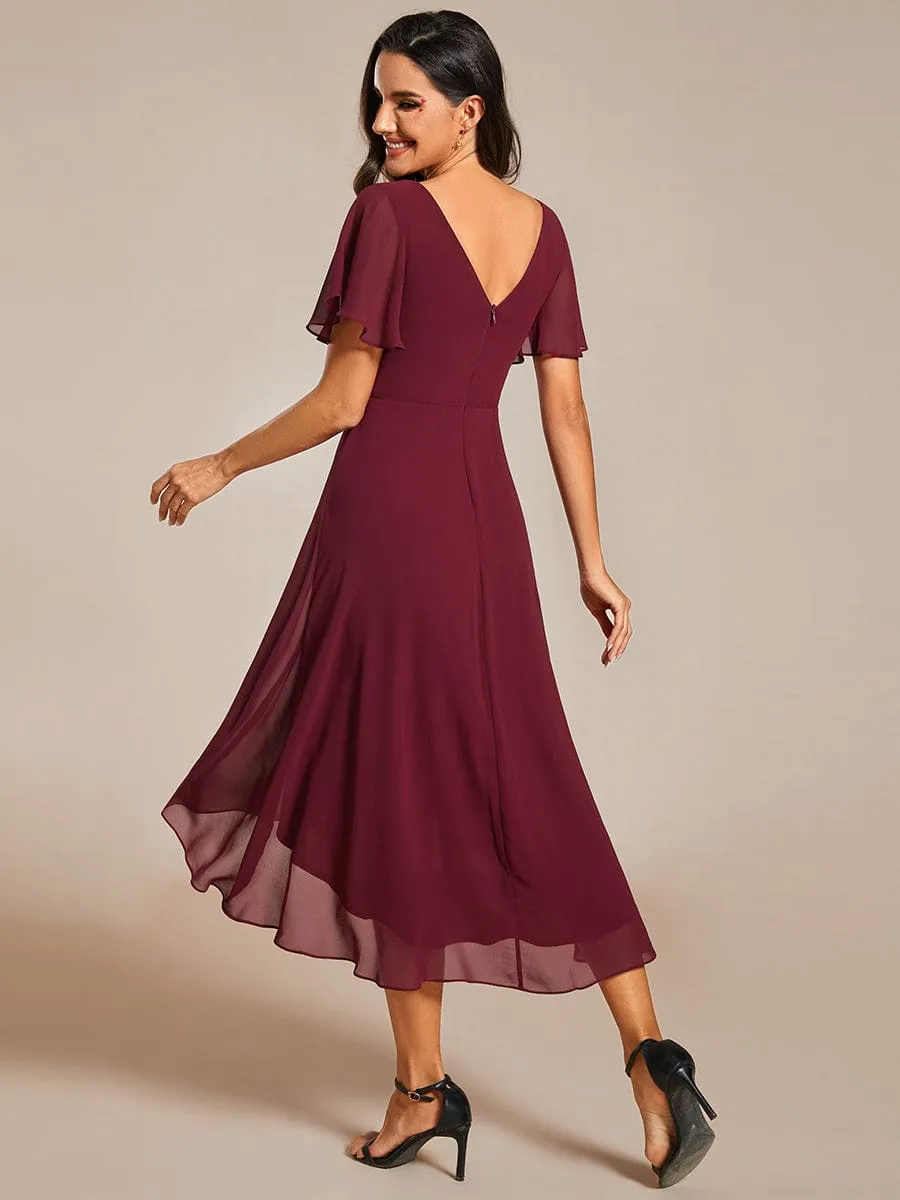 Chic V Neck Asymmetrical Hem Ruffles Sleeve Pleated Chiffon Wedding Guest Dress