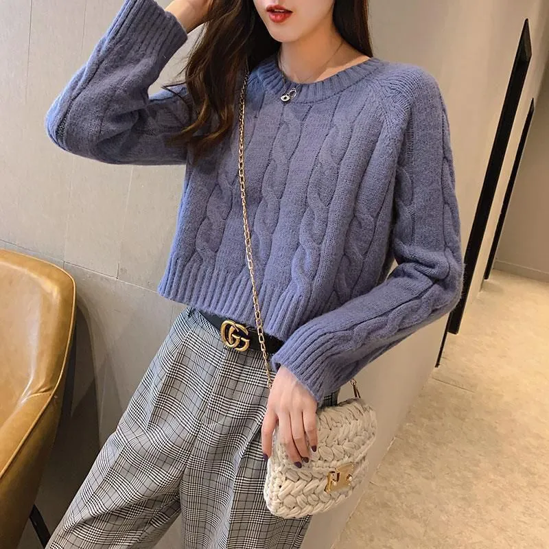 Chunky Braid Crew necks Twist Knit Pima Cotton Sweater Pullover