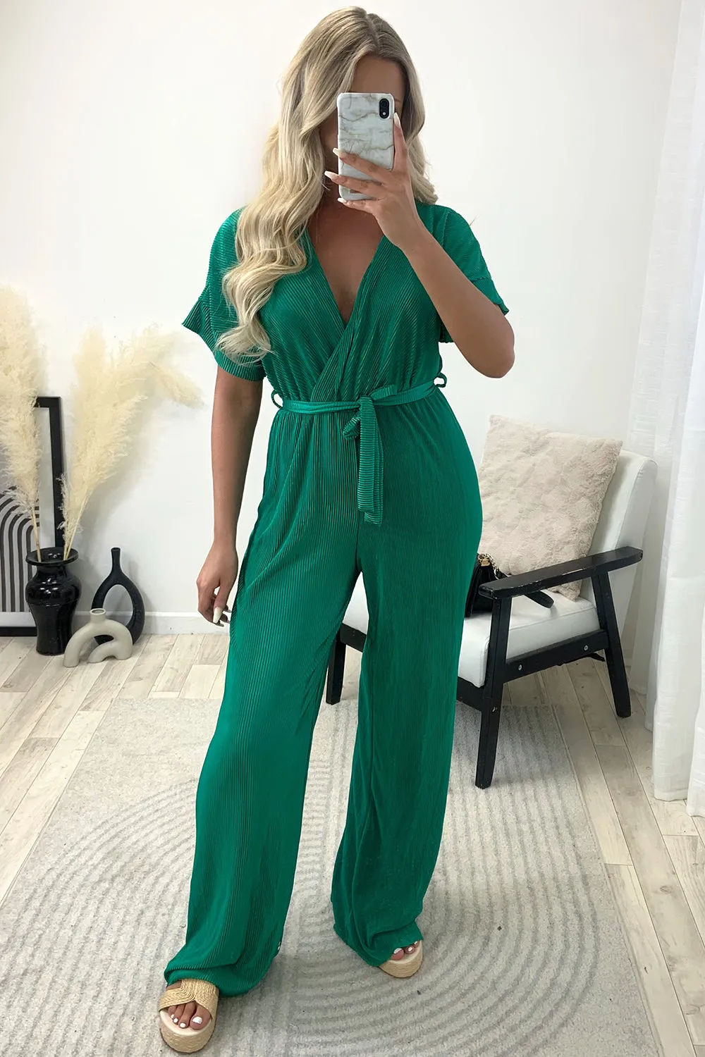 Danica Green Tie Belt Wrap Plisse Wide Leg Jumpsuit