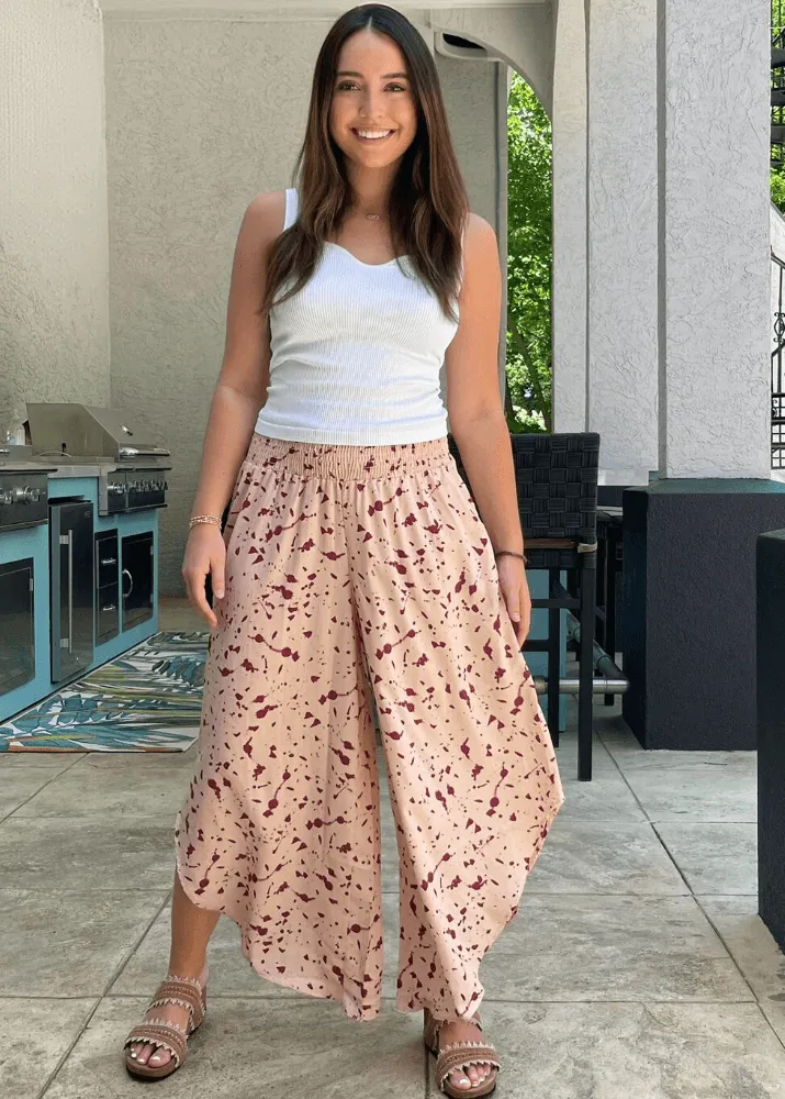 Easy Breezy Smocked Diagonal Cut Gaucho Pants in Lime