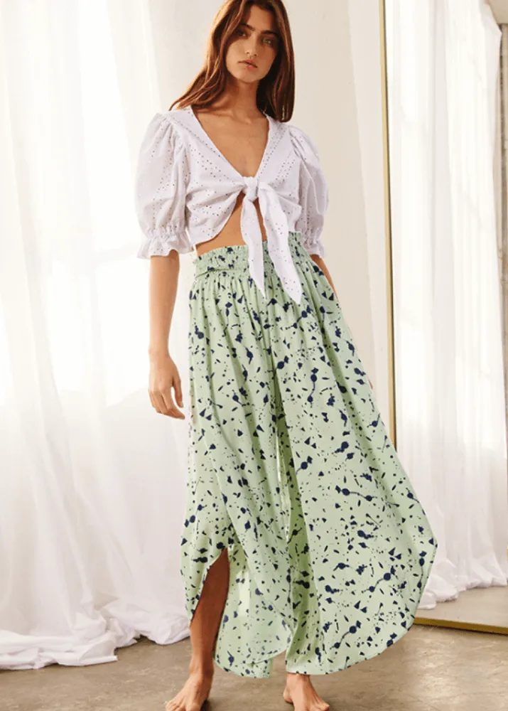 Easy Breezy Smocked Diagonal Cut Gaucho Pants in Lime