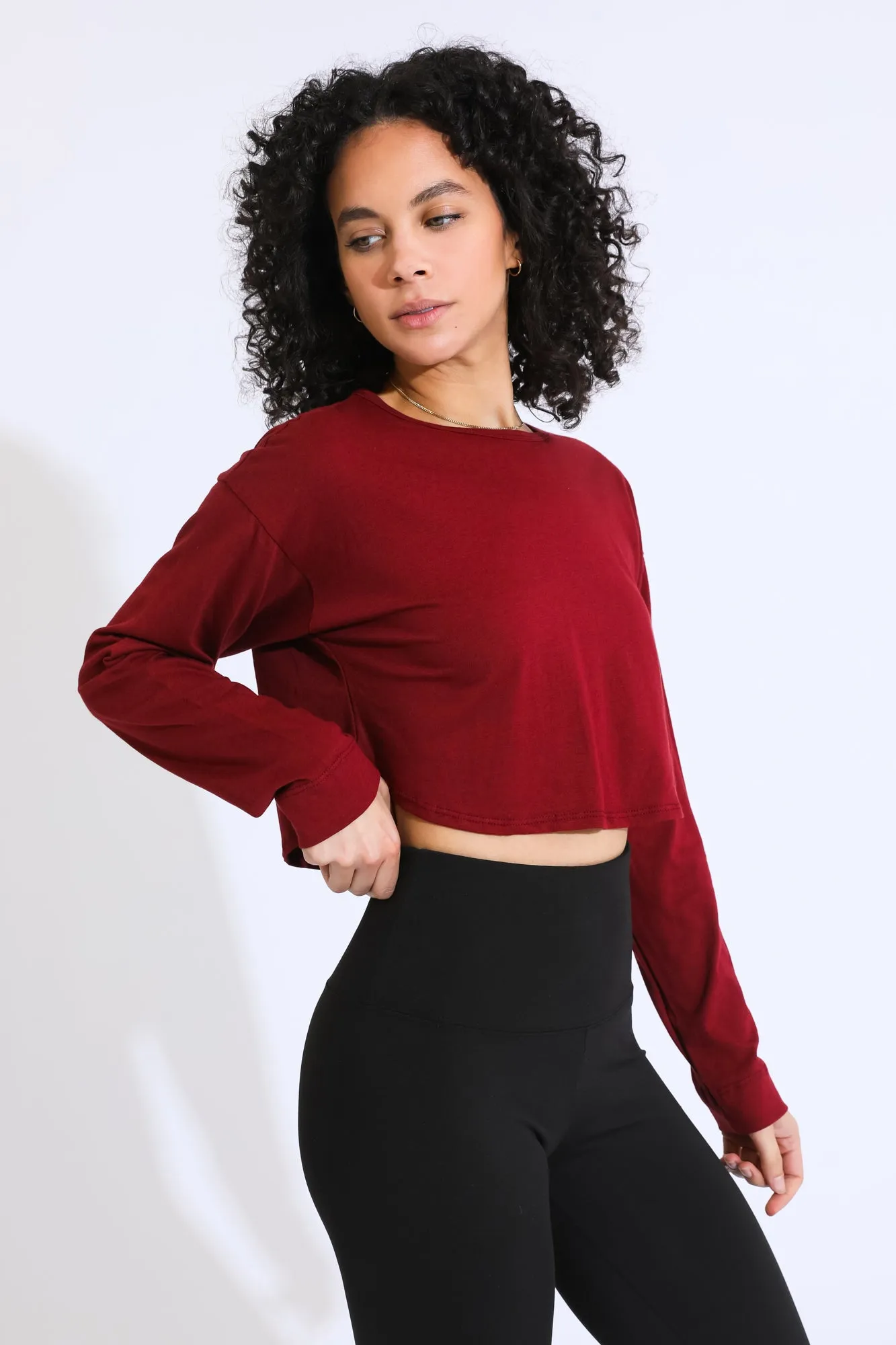 Essential Cropped Long Sleeve Tee - Dark Red