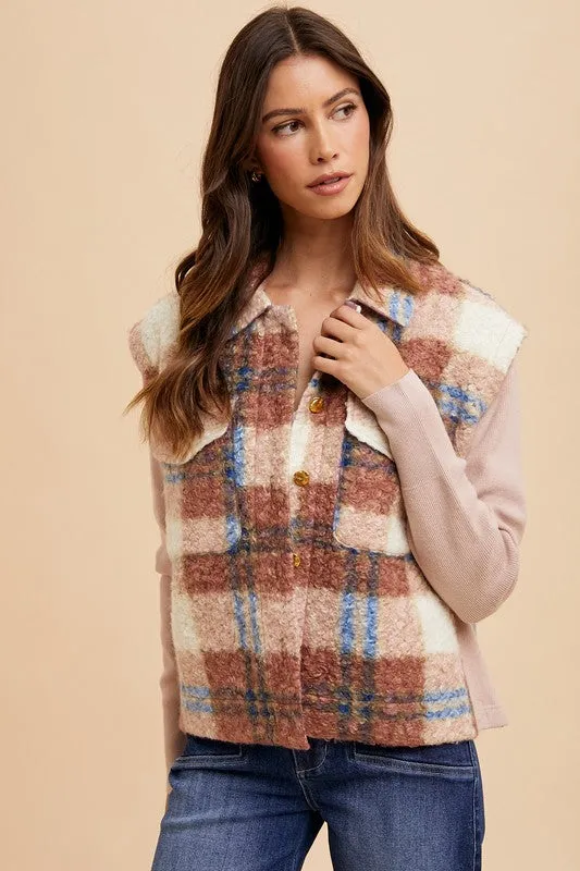 Faux Fur Plaid Button-Up Jacket