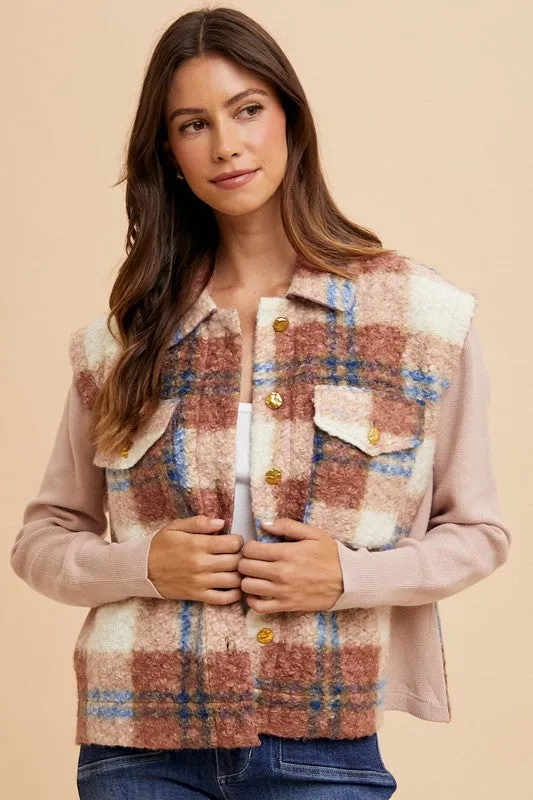 Faux Fur Plaid Button-Up Jacket
