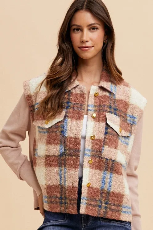 Faux Fur Plaid Button-Up Jacket