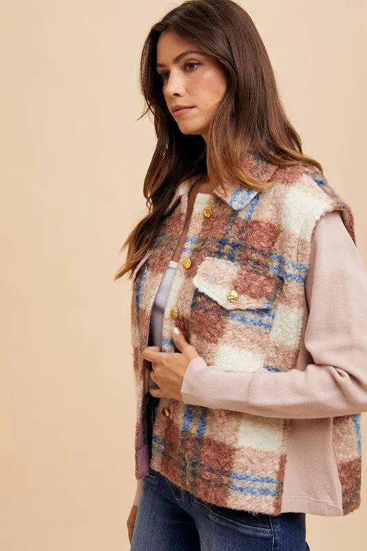 Faux Fur Plaid Button-Up Jacket