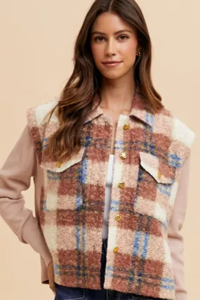Faux Fur Plaid Button-Up Jacket