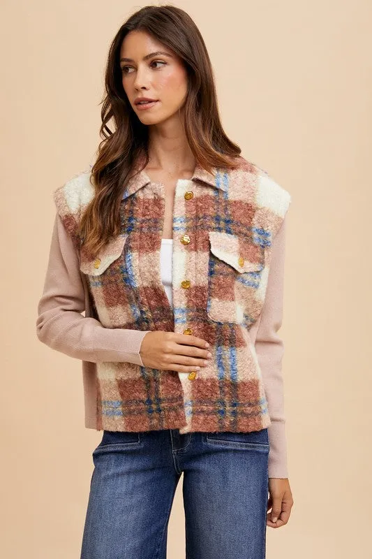 Faux Fur Plaid Button-Up Jacket