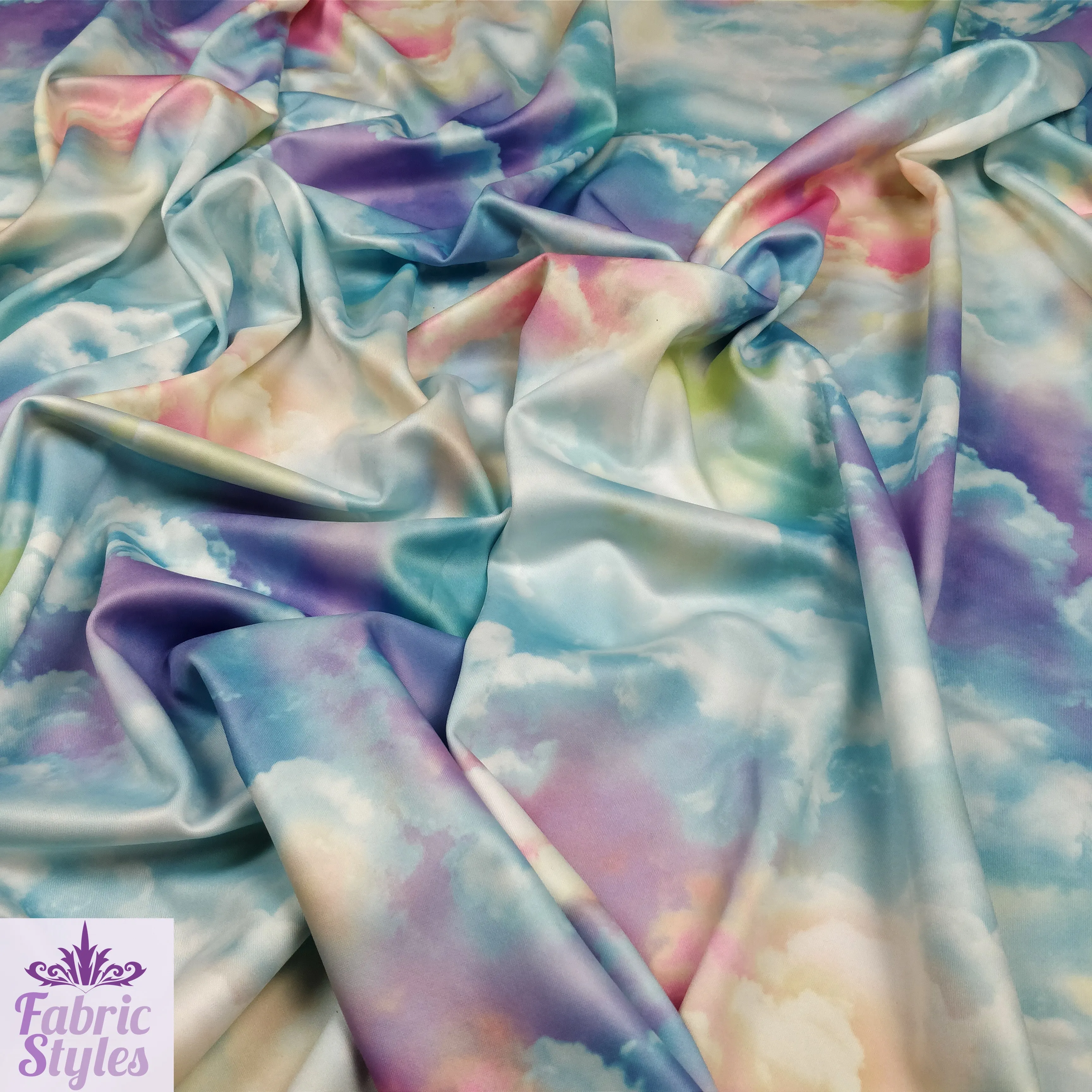 FS113 Clouds Tie Dye Scuba Velvet & Spandex Stretch Knit Fabric Blue Purple Pink Black