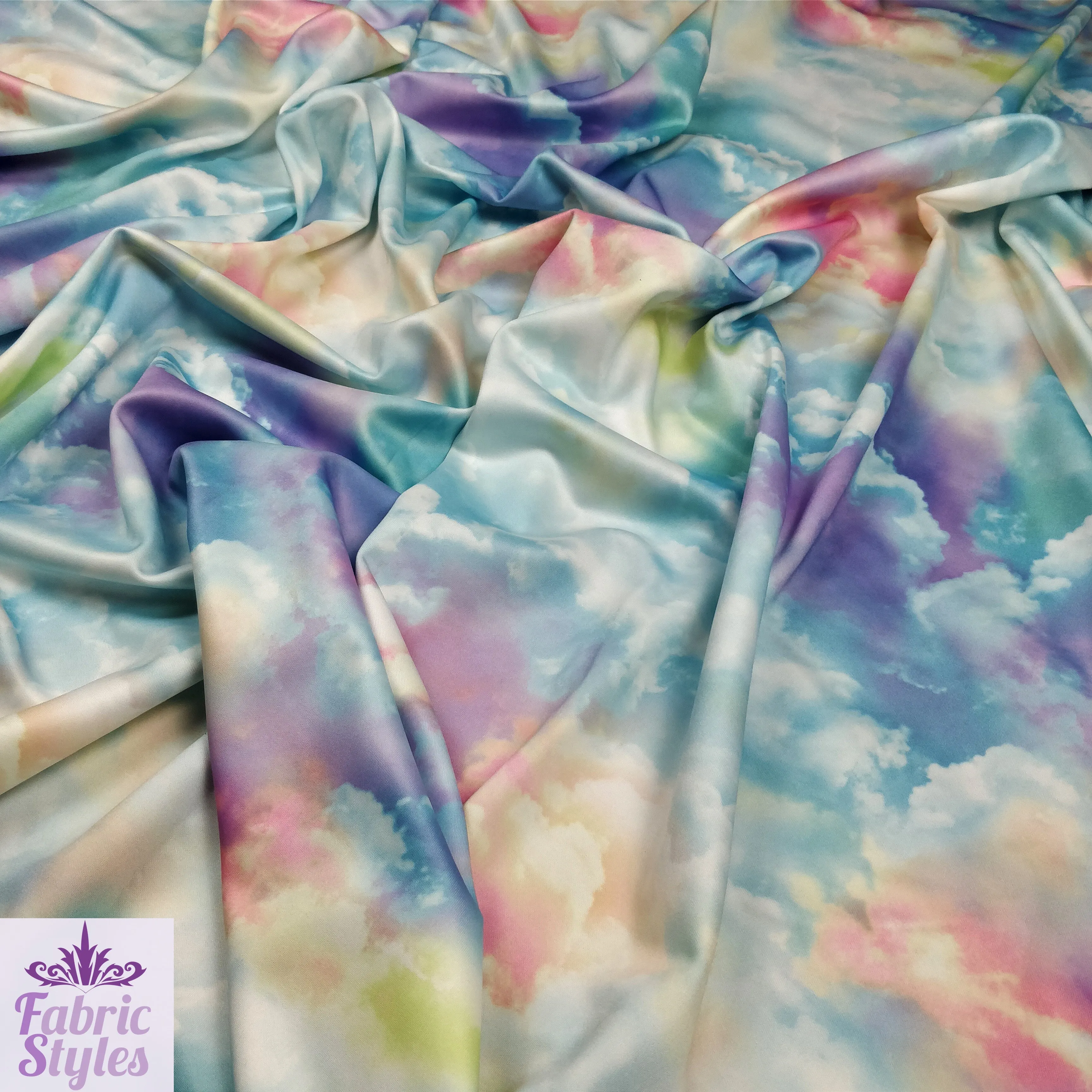 FS113 Clouds Tie Dye Scuba Velvet & Spandex Stretch Knit Fabric Blue Purple Pink Black