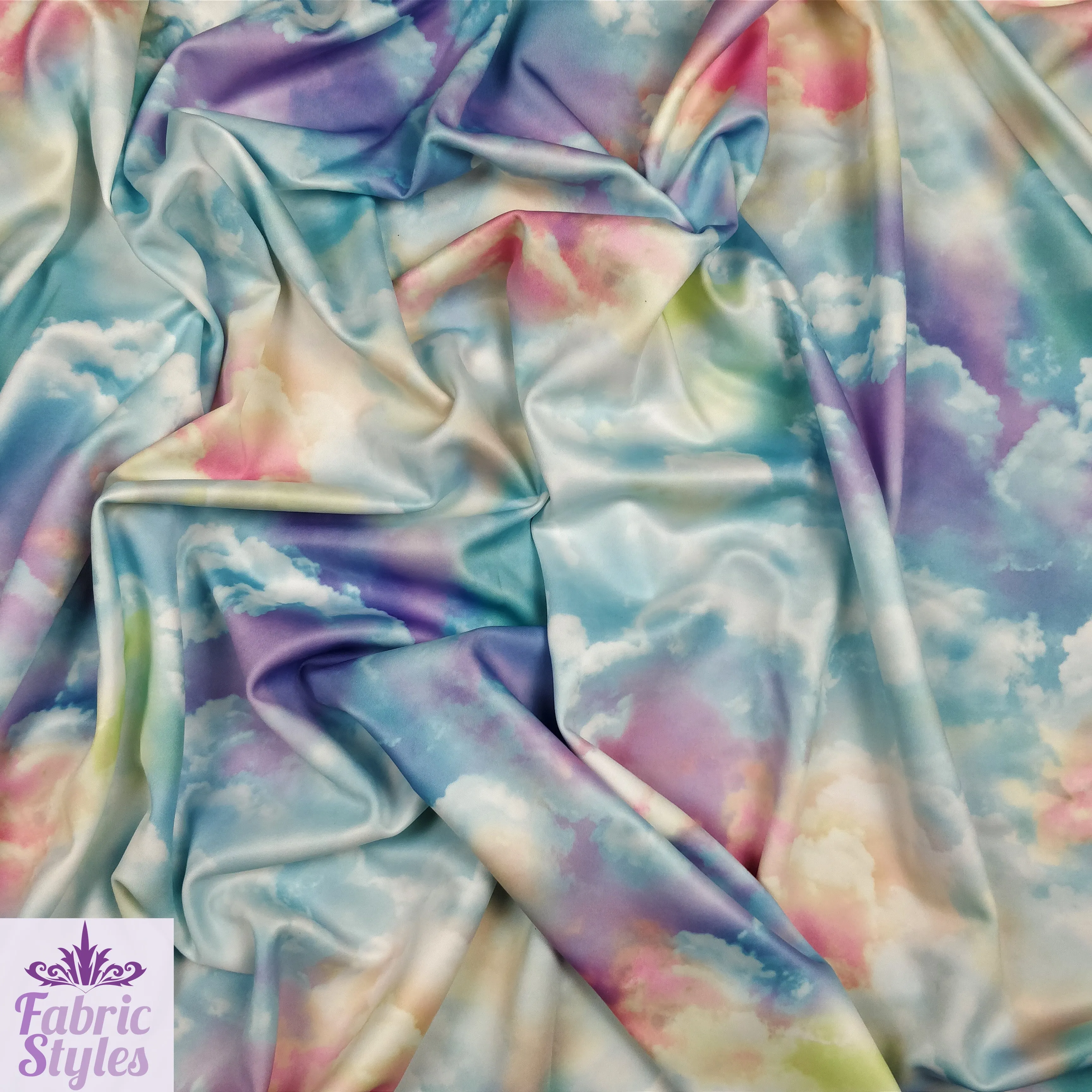 FS113 Clouds Tie Dye Scuba Velvet & Spandex Stretch Knit Fabric Blue Purple Pink Black