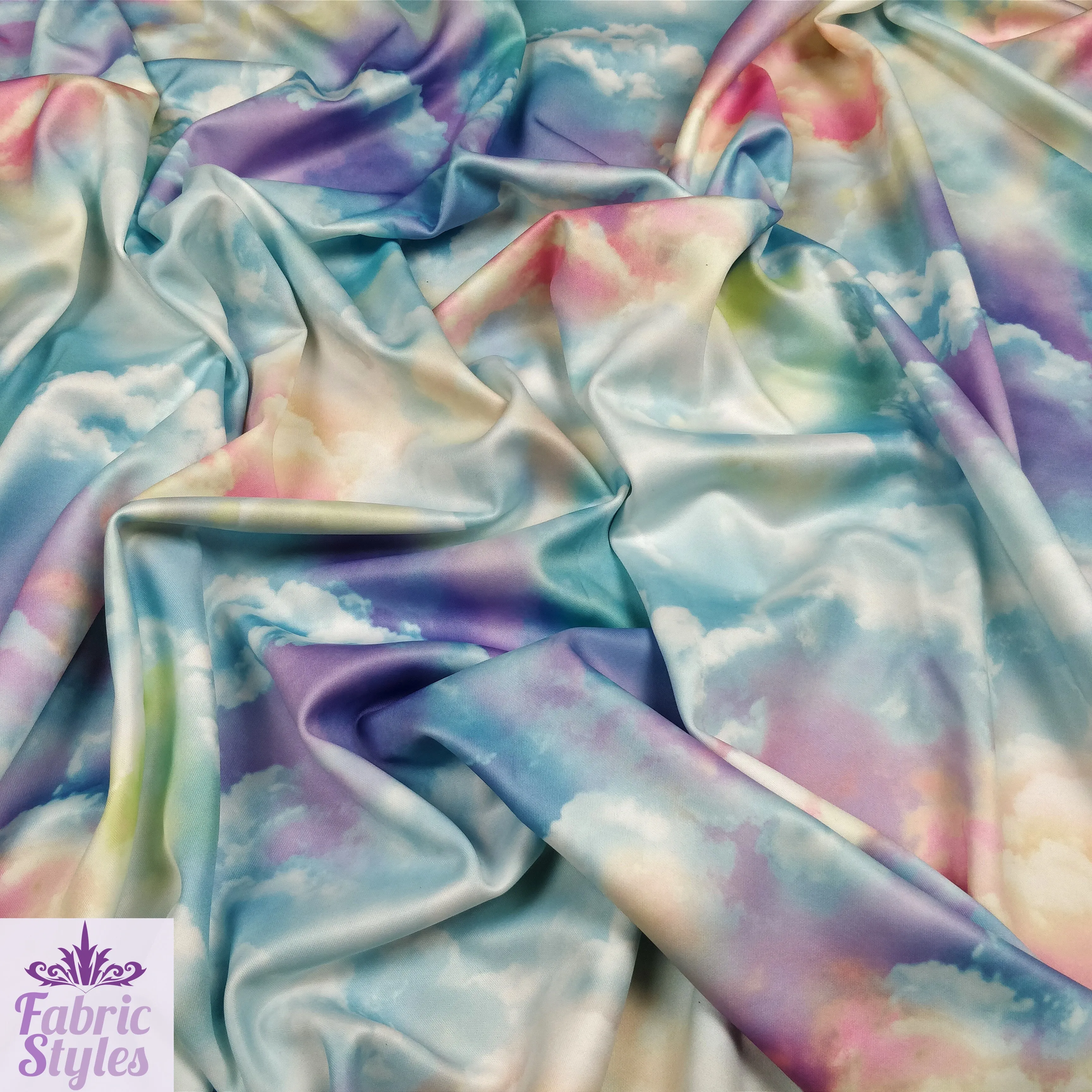 FS113 Clouds Tie Dye Scuba Velvet & Spandex Stretch Knit Fabric Blue Purple Pink Black